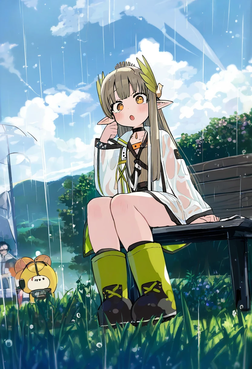 ((ebimomo)),[wata \(attaka towel\)],[[shnva]],[[deadnooodles]],((saitou naoki)),koi \(koisan\),idkuroi,(ran'ou \(tamago no kimi\)), - 1girl,muelsyse \(arknights\),arknights,cloudy sky,grass,on bench,outdoors,rain,road,yellow rubber boots,see-through coat,sitting,transparent raincoat,water drop,