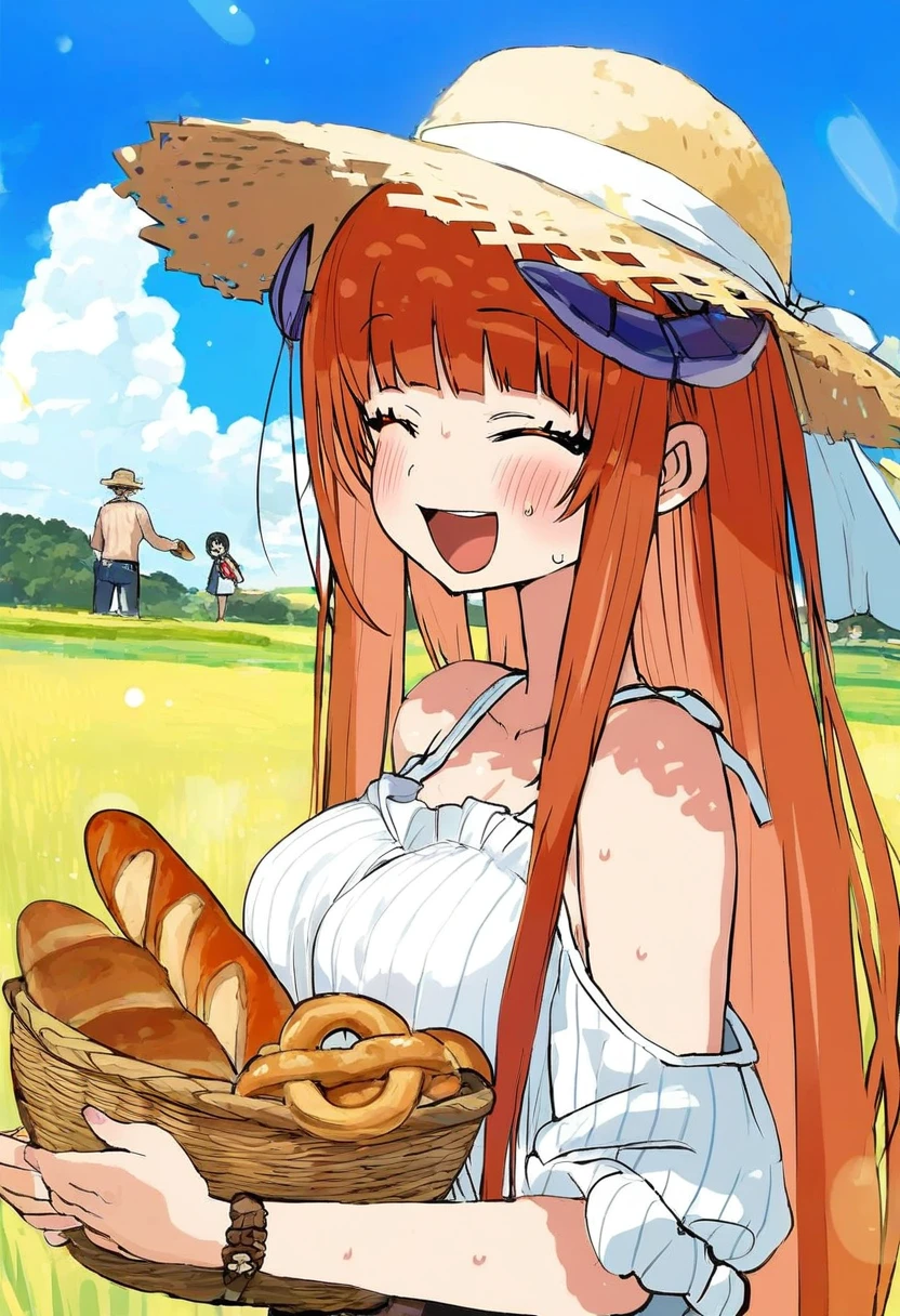 ((ebimomo)),[wata \(attaka towel\)],[[shnva]],[[deadnooodles]],((saitou naoki)),koi \(koisan\),idkuroi,(ran'ou \(tamago no kimi\)), - 1girl,bagpipe \(arknights\),arknights,baguette,blush,bread,croissant,holding basket,pretzel,upper body,straw hat,field,sky,laughing,sweat,sunlight,