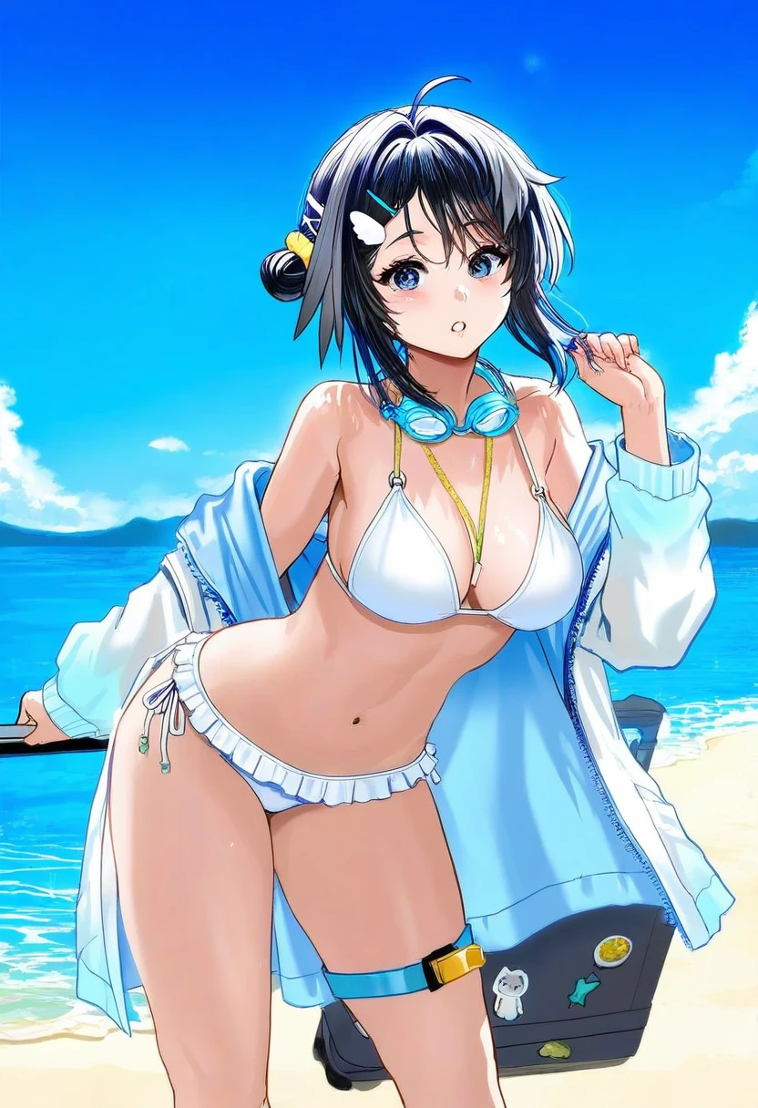 ((haru \(hiyori-kohal\))),[[tachibana roku]],[midori foo],(taesi),[[ayu \(mog\)]],milkychu,(ran'ou \(tamago no kimi\)),[djheycha], - 1girl,la pluma \(summer flowers\) \(arknights\),arknights,white bikini,outdoors,navel,day,sky,blue sky,beach,suitcase,looking at viewer,ocean,low-tied long hair,leaning forward,standing,holding,frills,hand up,bare shoulders,floating hair,