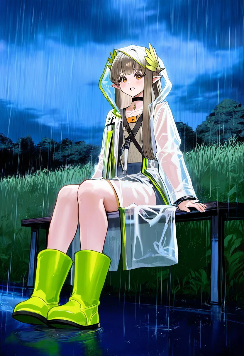 ((haru \(hiyori-kohal\))),[[tachibana roku]],[midori foo],(taesi),[[ayu \(mog\)]],milkychu,(ran'ou \(tamago no kimi\)),[djheycha], - 1girl,muelsyse \(arknights\),arknights,cloudy sky,grass,on bench,outdoors,rain,road,yellow rubber boots,see-through coat,sitting,transparent raincoat,water drop,