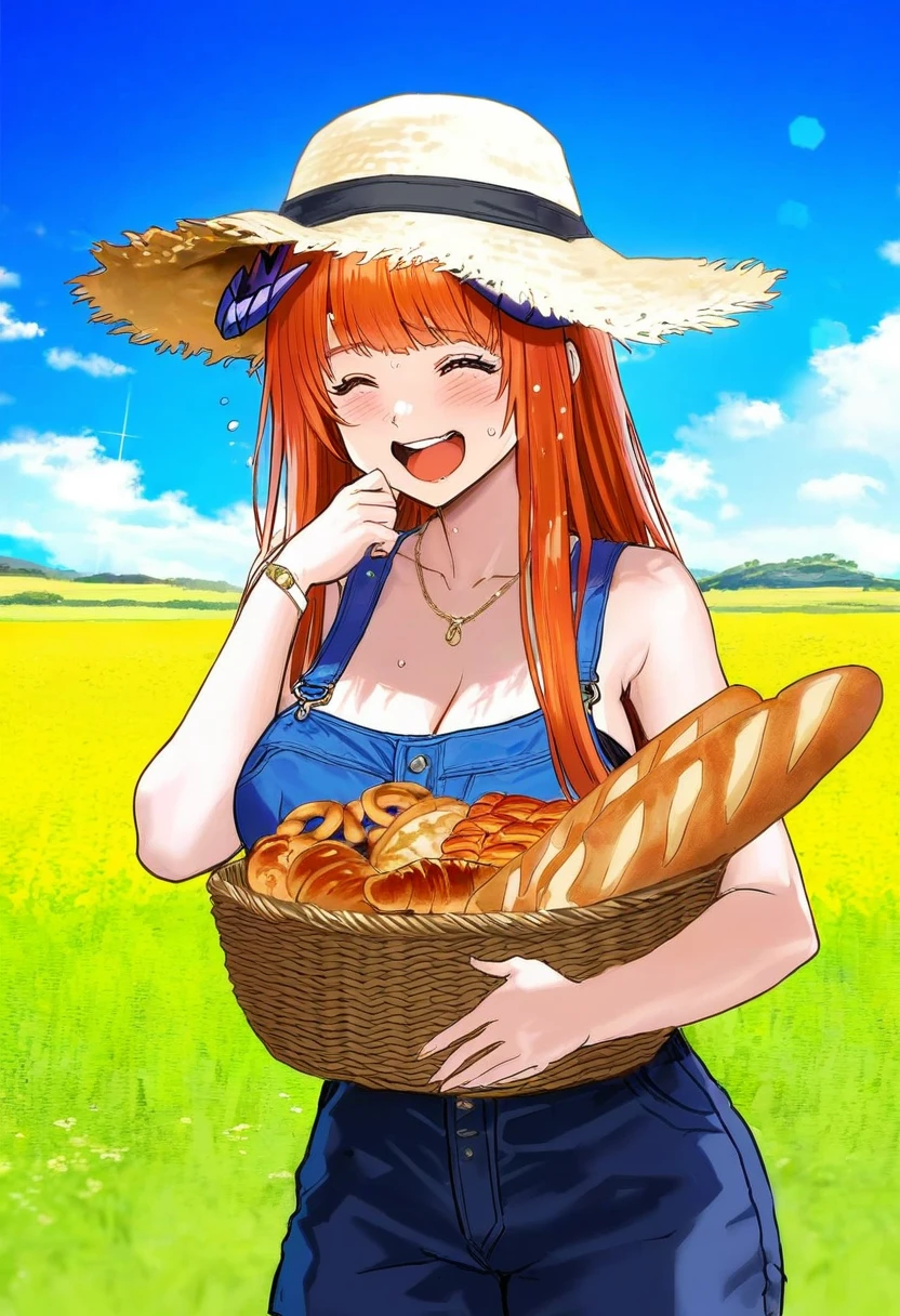 ((haru \(hiyori-kohal\))),[[tachibana roku]],[midori foo],(taesi),[[ayu \(mog\)]],milkychu,(ran'ou \(tamago no kimi\)),[djheycha], - 1girl,bagpipe \(arknights\),arknights,baguette,blush,bread,croissant,holding basket,pretzel,upper body,straw hat,field,sky,laughing,sweat,sunlight,