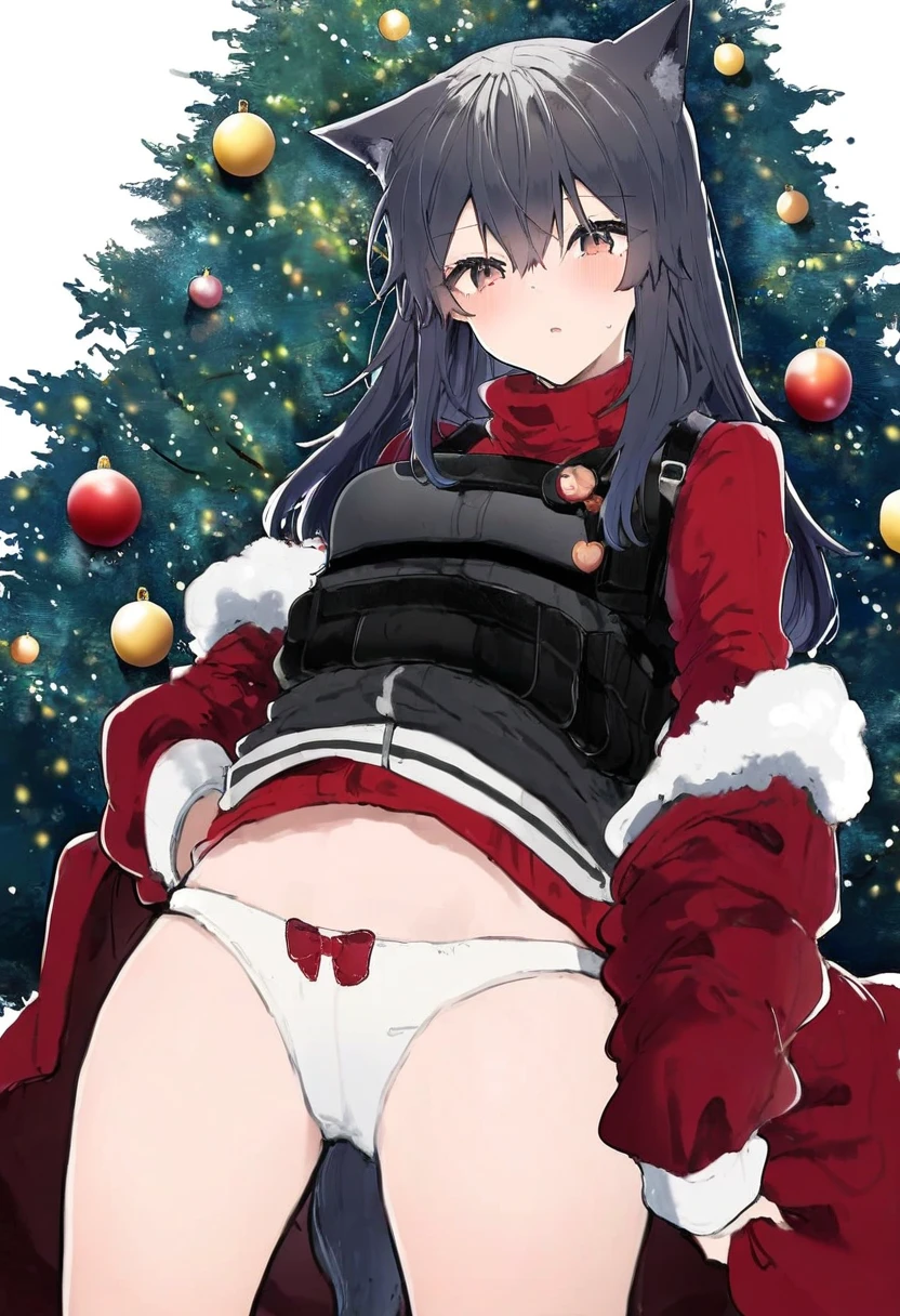 ((ikeuchi tanuma)),mamimi(mamamimi), - 1girl,texas \(arknights\),arknights,underwear,tactical vest,christmas tree,christmas ornaments,