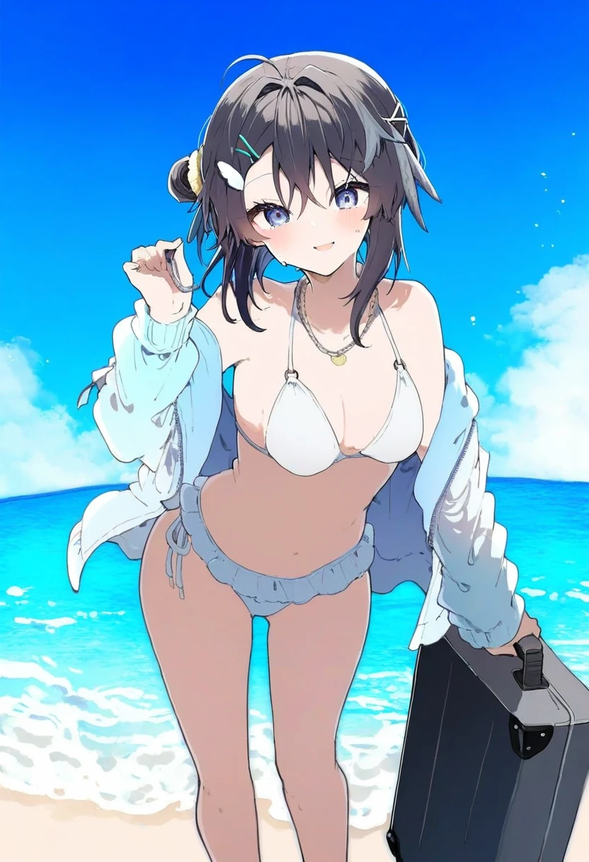 ((ikeuchi tanuma)),mamimi(mamamimi), - 1girl,la pluma \(summer flowers\) \(arknights\),arknights,white bikini,outdoors,navel,day,sky,blue sky,beach,suitcase,looking at viewer,ocean,low-tied long hair,leaning forward,standing,holding,frills,hand up,bare shoulders,floating hair,