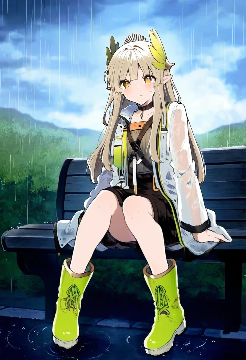 ((ikeuchi tanuma)),mamimi(mamamimi), - 1girl,muelsyse \(arknights\),arknights,cloudy sky,grass,on bench,outdoors,rain,road,yellow rubber boots,see-through coat,sitting,transparent raincoat,water drop,
