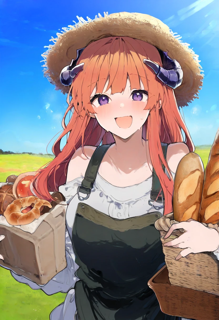 ((ikeuchi tanuma)),mamimi(mamamimi), - 1girl,bagpipe \(arknights\),arknights,baguette,blush,bread,croissant,holding basket,pretzel,upper body,straw hat,field,sky,laughing,sweat,sunlight,
