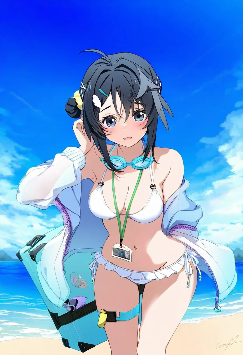 ((inudori)),gya \(144\),((wanke)),[[clear glass \(mildmild1311\)]],ookuma nekosuke,[[gakky]],[[hajika]],[[deyui]], - 1girl,la pluma \(summer flowers\) \(arknights\),arknights,white bikini,outdoors,navel,day,sky,blue sky,beach,suitcase,looking at viewer,ocean,low-tied long hair,leaning forward,standing,holding,frills,hand up,bare shoulders,floating hair,