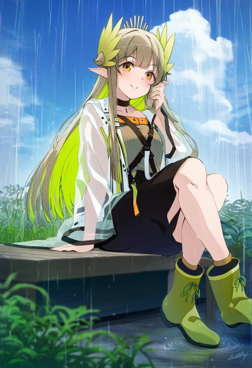 ((inudori)),gya \(144\),((wanke)),[[clear glass \(mildmild1311\)]],ookuma nekosuke,[[gakky]],[[hajika]],[[deyui]], - 1girl,muelsyse \(arknights\),arknights,cloudy sky,grass,on bench,outdoors,rain,road,yellow rubber boots,see-through coat,sitting,transparent raincoat,water drop,