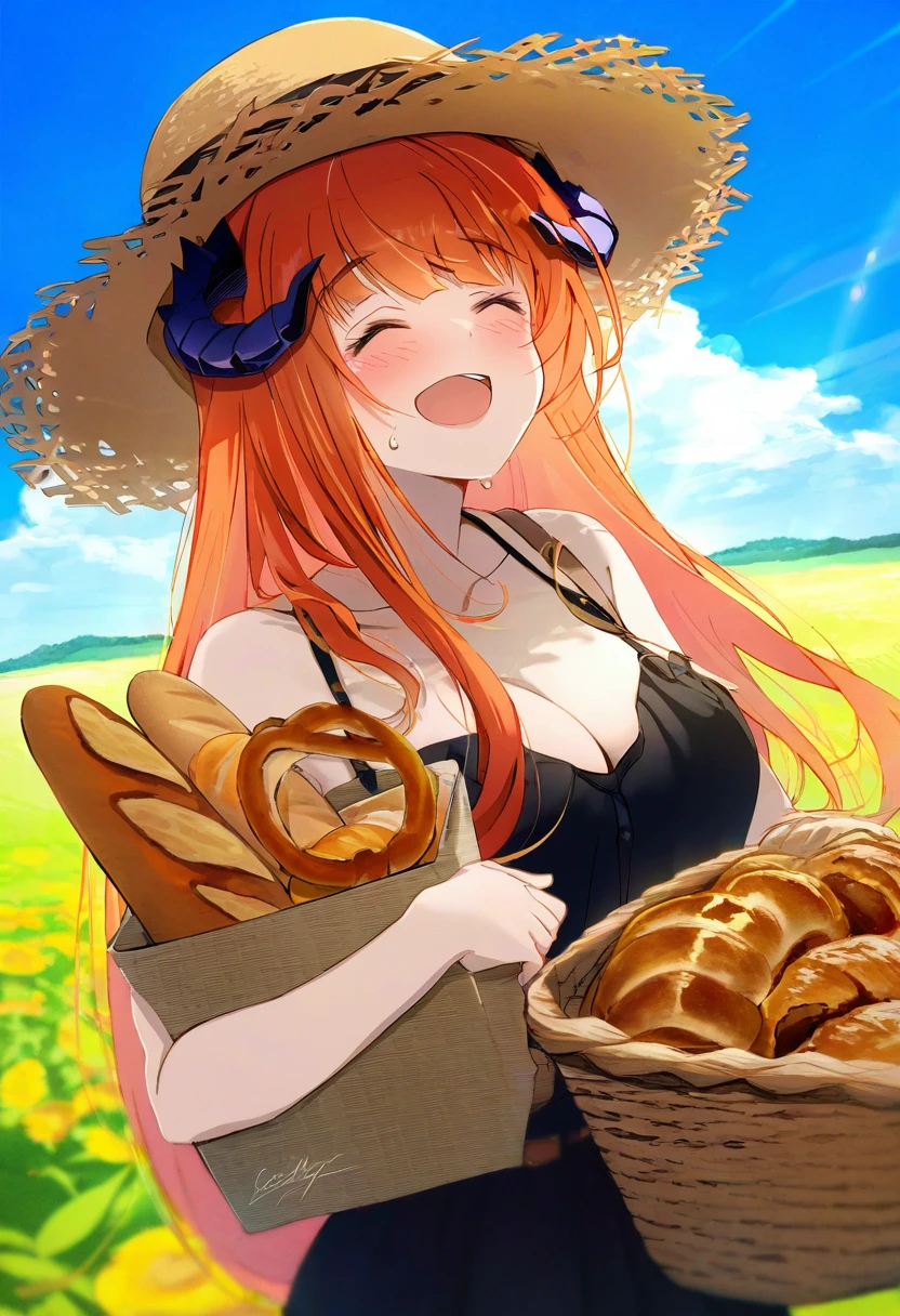 ((inudori)),gya \(144\),((wanke)),[[clear glass \(mildmild1311\)]],ookuma nekosuke,[[gakky]],[[hajika]],[[deyui]], - 1girl,bagpipe \(arknights\),arknights,baguette,blush,bread,croissant,holding basket,pretzel,upper body,straw hat,field,sky,laughing,sweat,sunlight,