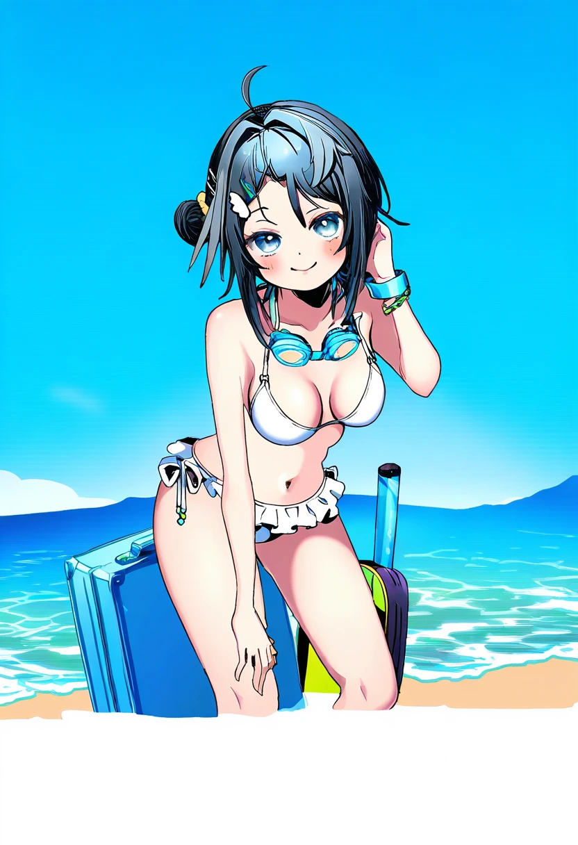 ((kisaragi yuu \(fallen sky\))),(ittokyu),((ucmm)),(asatsuki \(fgfff\)),[[hanekoto]],((demizu posuka)),[[sasairebun]],[sofra], - 1girl,la pluma \(summer flowers\) \(arknights\),arknights,white bikini,outdoors,navel,day,sky,blue sky,beach,suitcase,looking at viewer,ocean,low-tied long hair,leaning forward,standing,holding,frills,hand up,bare shoulders,floating hair,