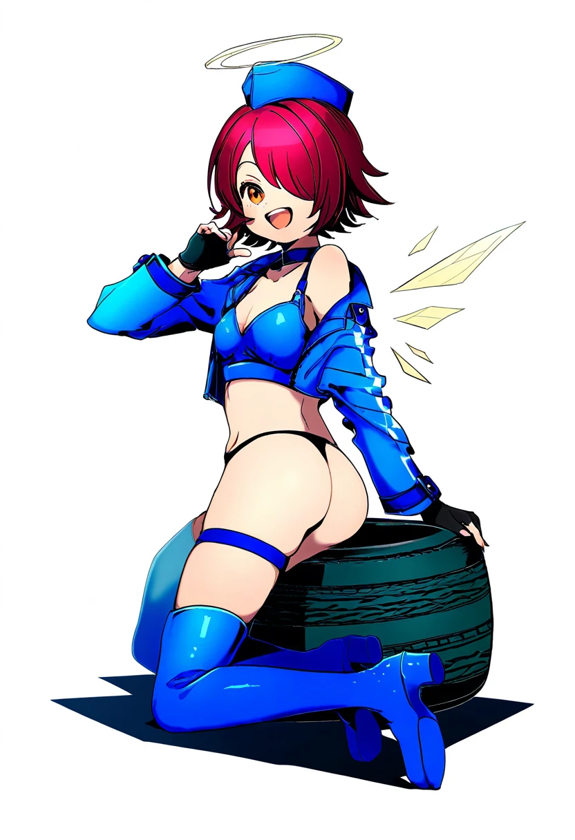 ((kisaragi yuu \(fallen sky\))),(ittokyu),((ucmm)),(asatsuki \(fgfff\)),[[hanekoto]],((demizu posuka)),[[sasairebun]],[sofra], - 1girl,exusiai \(arknights\),arknights,black gloves,black panties,blue thigh boots,blue hat,blue jacket,long sleeves,race queen,thigh strap,thong,single bare shoulder,skindentation,tire,