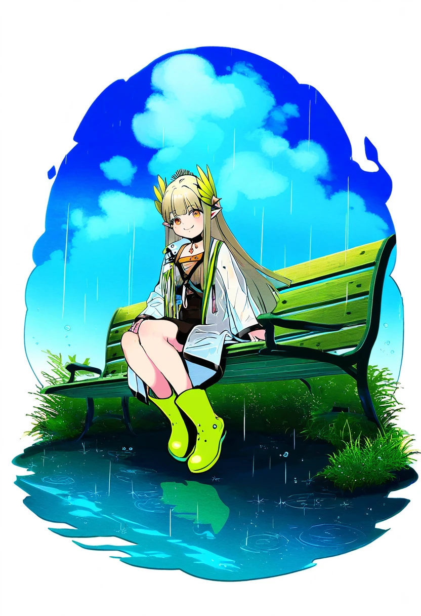 ((kisaragi yuu \(fallen sky\))),(ittokyu),((ucmm)),(asatsuki \(fgfff\)),[[hanekoto]],((demizu posuka)),[[sasairebun]],[sofra], - 1girl,muelsyse \(arknights\),arknights,cloudy sky,grass,on bench,outdoors,rain,road,yellow rubber boots,see-through coat,sitting,transparent raincoat,water drop,