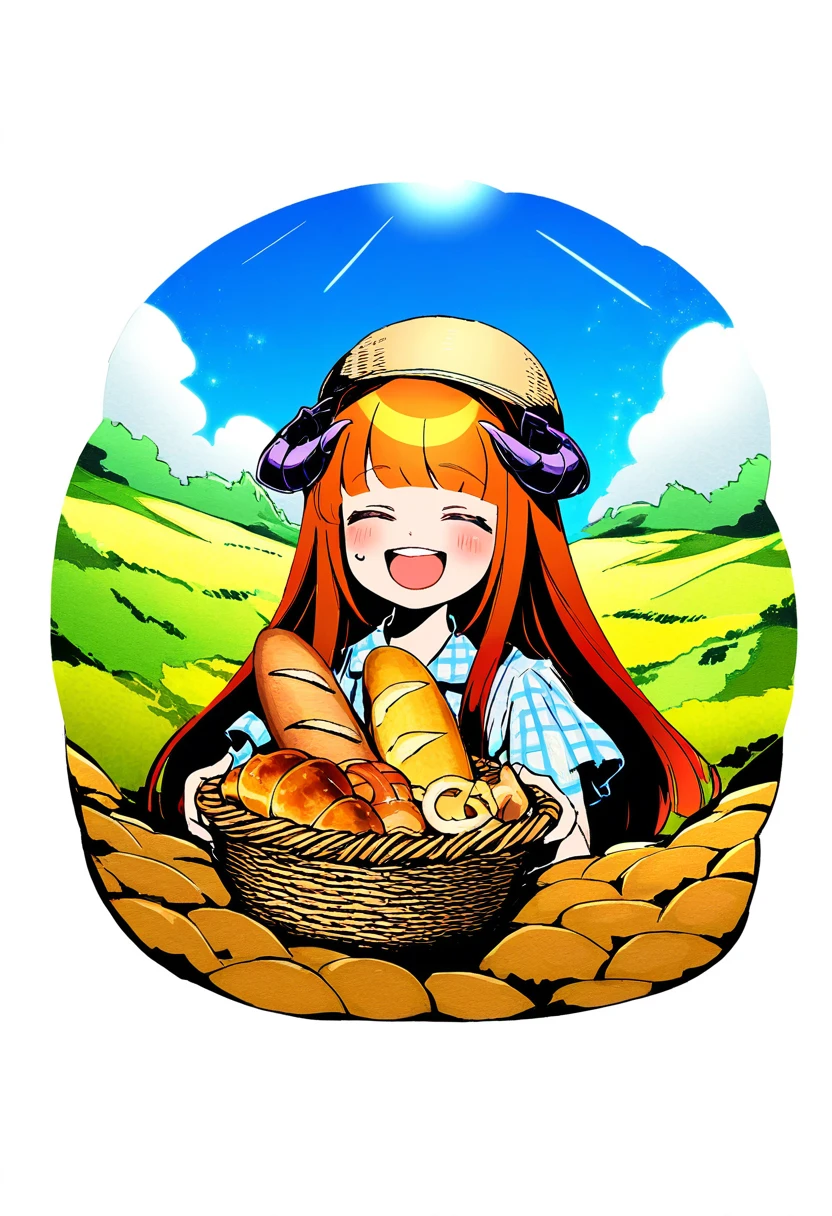 ((kisaragi yuu \(fallen sky\))),(ittokyu),((ucmm)),(asatsuki \(fgfff\)),[[hanekoto]],((demizu posuka)),[[sasairebun]],[sofra], - 1girl,bagpipe \(arknights\),arknights,baguette,blush,bread,croissant,holding basket,pretzel,upper body,straw hat,field,sky,laughing,sweat,sunlight,