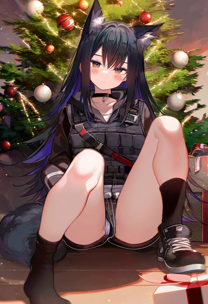 ((mappaninatta)),[waterkuma],((akizero1510)),(kawacy),kujou karasuma,(ru zhai),[tetsurou \(fe+\)],nardack, - 1girl,texas \(arknights\),arknights,underwear,tactical vest,christmas tree,christmas ornaments,
