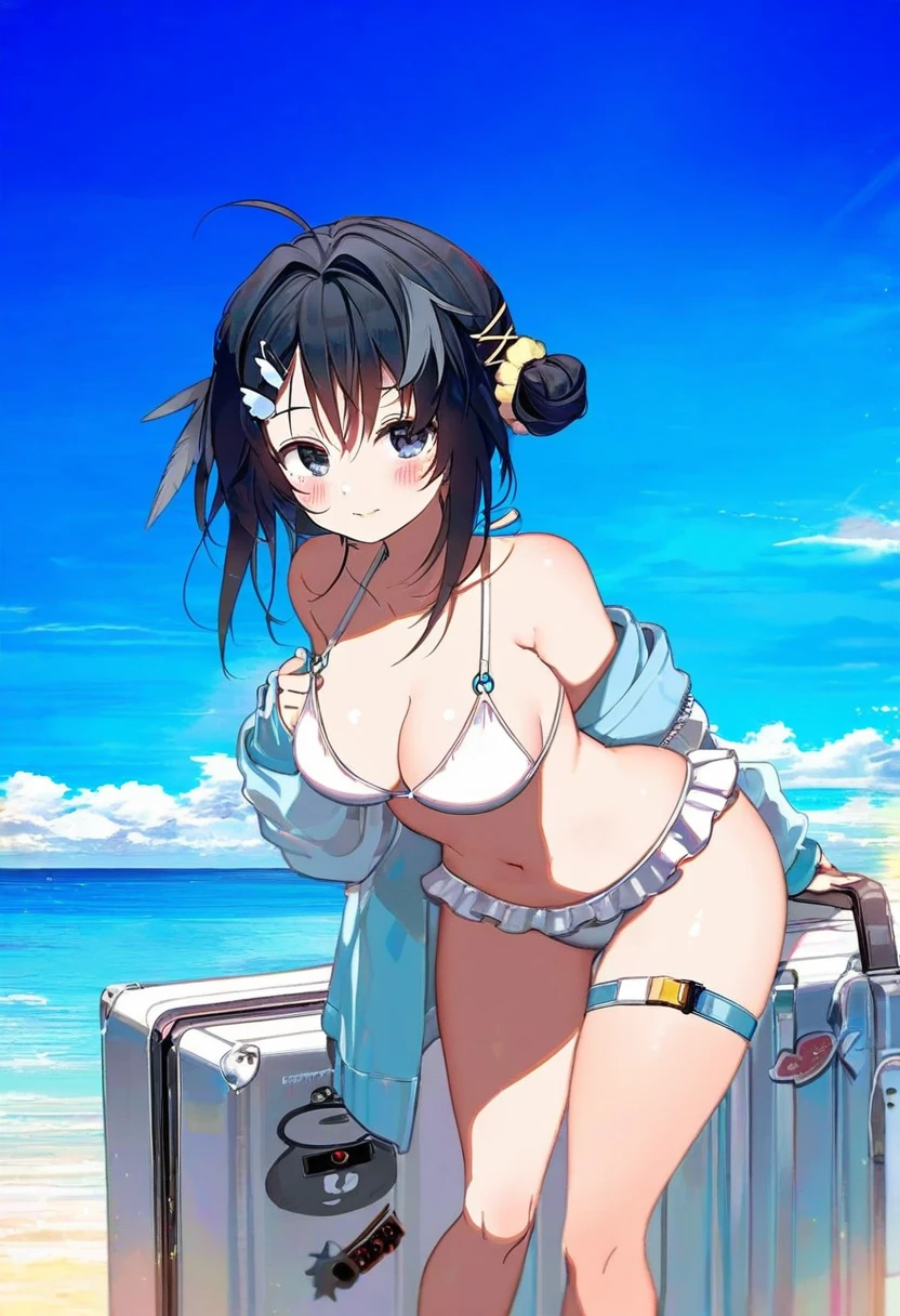 ((mappaninatta)),[waterkuma],((akizero1510)),(kawacy),kujou karasuma,(ru zhai),[tetsurou \(fe+\)],nardack, - 1girl,la pluma \(summer flowers\) \(arknights\),arknights,white bikini,outdoors,navel,day,sky,blue sky,beach,suitcase,looking at viewer,ocean,low-tied long hair,leaning forward,standing,holding,frills,hand up,bare shoulders,floating hair,