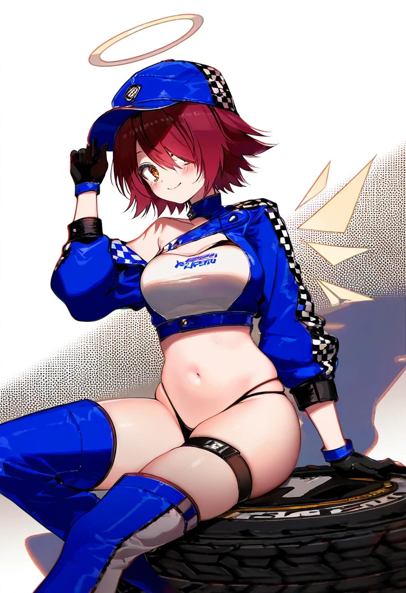 ((mappaninatta)),[waterkuma],((akizero1510)),(kawacy),kujou karasuma,(ru zhai),[tetsurou \(fe+\)],nardack, - 1girl,exusiai \(arknights\),arknights,black gloves,black panties,blue thigh boots,blue hat,blue jacket,long sleeves,race queen,thigh strap,thong,single bare shoulder,skindentation,tire,