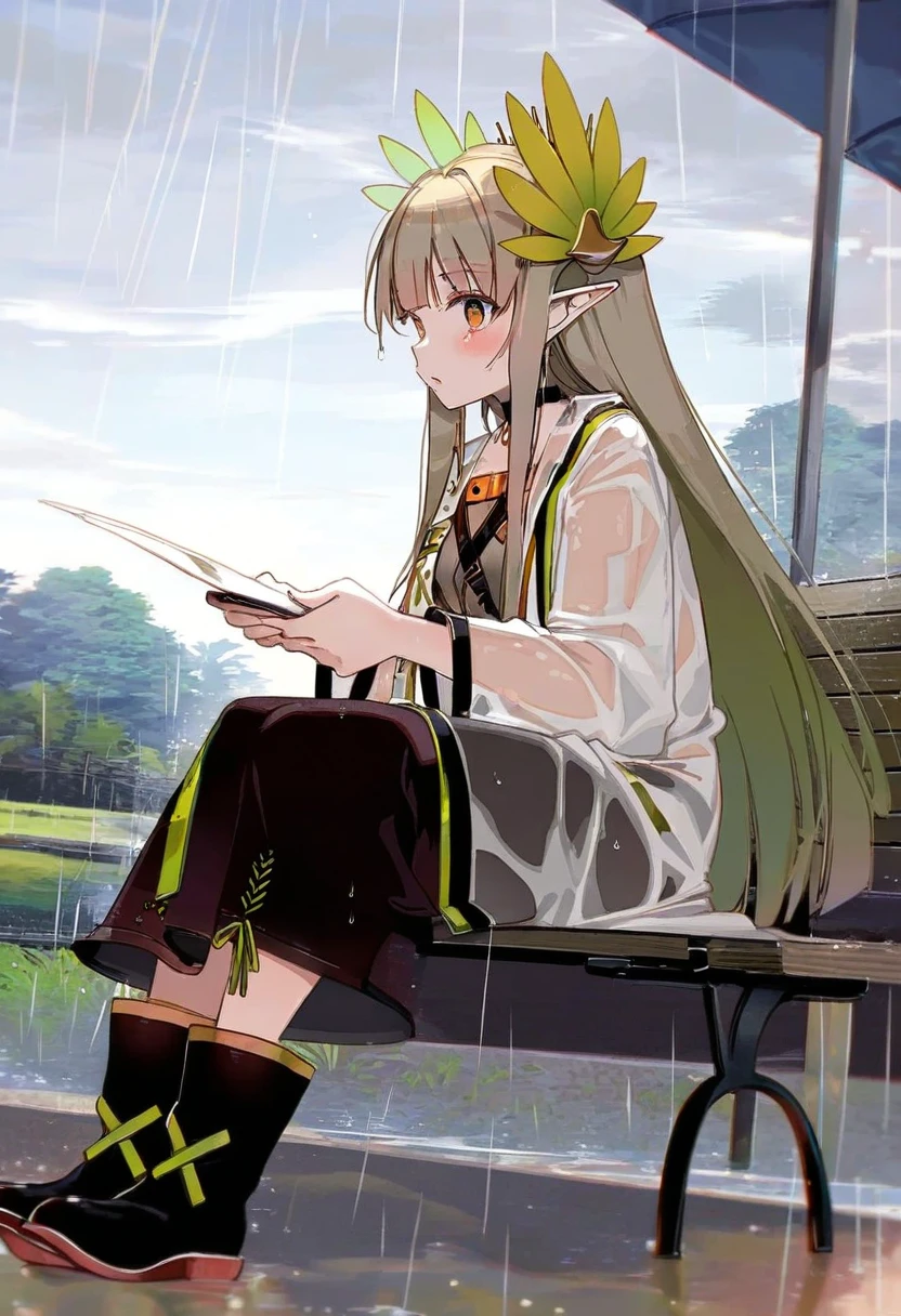 ((mappaninatta)),[waterkuma],((akizero1510)),(kawacy),kujou karasuma,(ru zhai),[tetsurou \(fe+\)],nardack, - 1girl,muelsyse \(arknights\),arknights,cloudy sky,grass,on bench,outdoors,rain,road,yellow rubber boots,see-through coat,sitting,transparent raincoat,water drop,