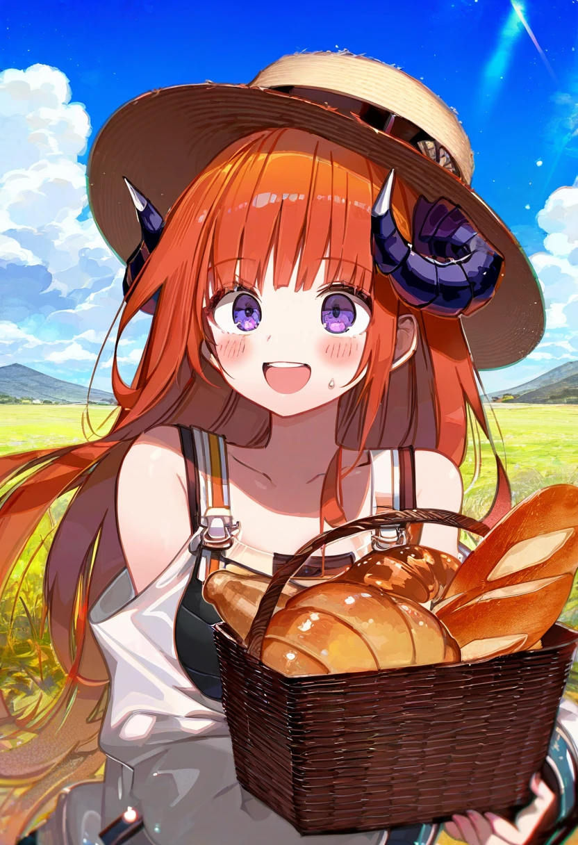 ((mappaninatta)),[waterkuma],((akizero1510)),(kawacy),kujou karasuma,(ru zhai),[tetsurou \(fe+\)],nardack, - 1girl,bagpipe \(arknights\),arknights,baguette,blush,bread,croissant,holding basket,pretzel,upper body,straw hat,field,sky,laughing,sweat,sunlight,