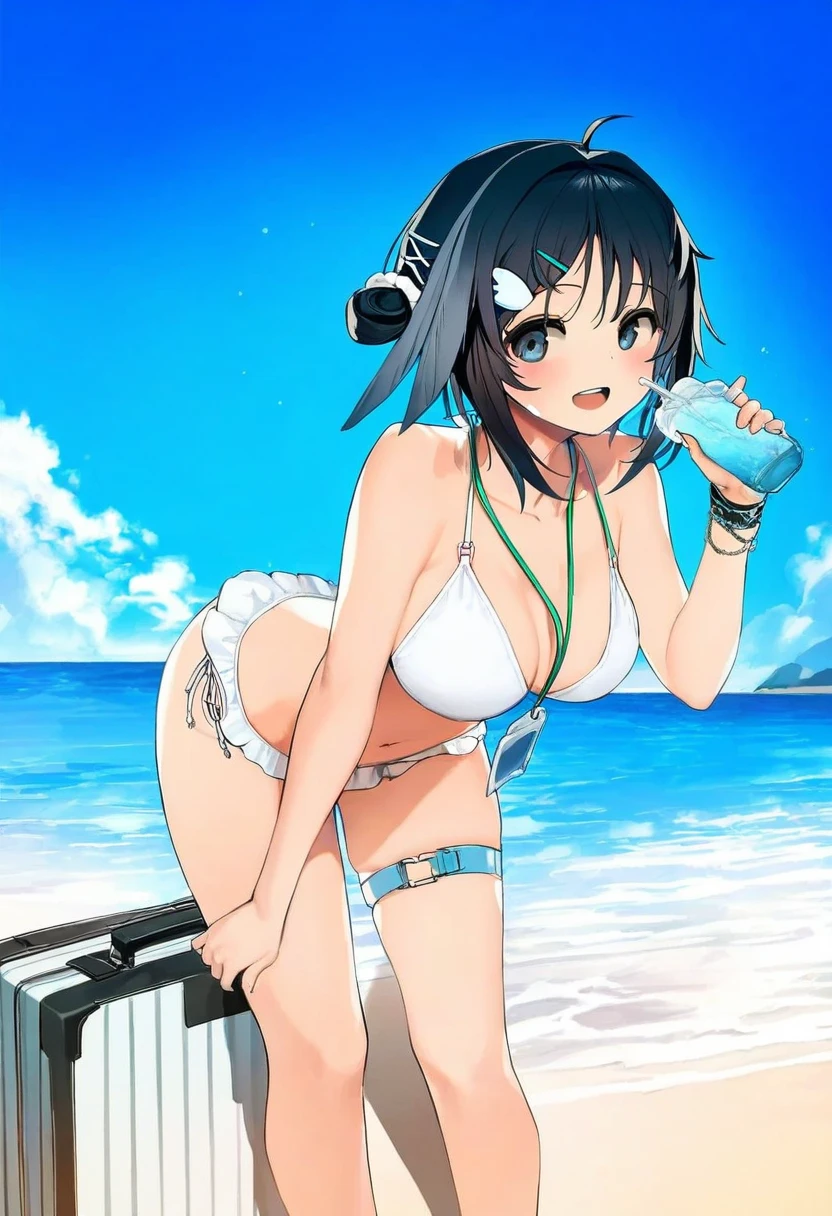 ((miv4t)),(shnva),ro g \(oowack\),[[sogawa]],[[ainy]],((azuumori)),[yamakawa],((myabit)), - 1girl,la pluma \(summer flowers\) \(arknights\),arknights,white bikini,outdoors,navel,day,sky,blue sky,beach,suitcase,looking at viewer,ocean,low-tied long hair,leaning forward,standing,holding,frills,hand up,bare shoulders,floating hair,