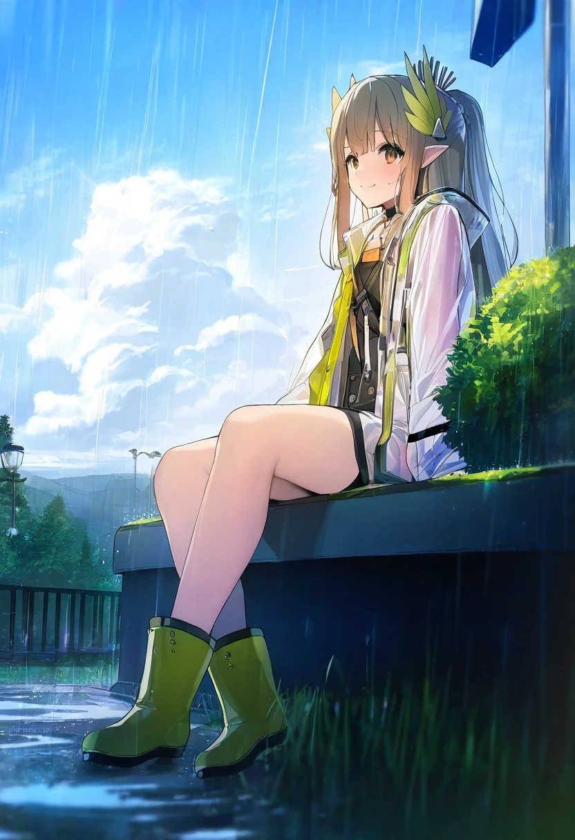 ((miv4t)),(shnva),ro g \(oowack\),[[sogawa]],[[ainy]],((azuumori)),[yamakawa],((myabit)), - 1girl,muelsyse \(arknights\),arknights,cloudy sky,grass,on bench,outdoors,rain,road,yellow rubber boots,see-through coat,sitting,transparent raincoat,water drop,