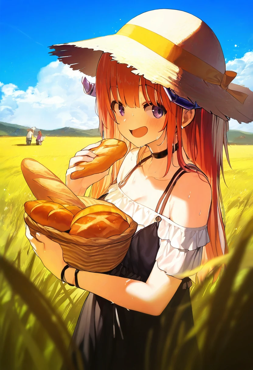((miv4t)),(shnva),ro g \(oowack\),[[sogawa]],[[ainy]],((azuumori)),[yamakawa],((myabit)), - 1girl,bagpipe \(arknights\),arknights,baguette,blush,bread,croissant,holding basket,pretzel,upper body,straw hat,field,sky,laughing,sweat,sunlight,
