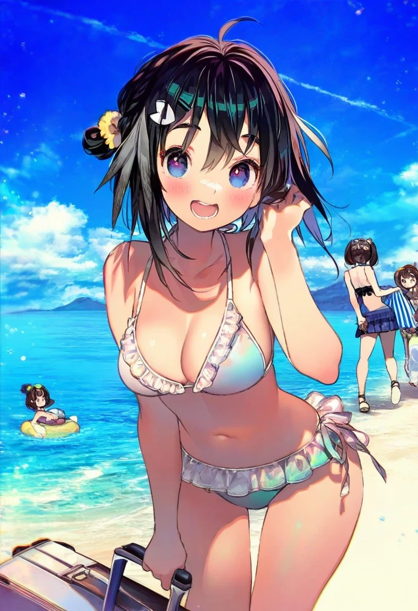 ((miyuki ruria)),[[ayu \(mog\)]],[gomzi],(hisakata souji),[nonco],(onono imoko),(m k),((kawacy)), - 1girl,la pluma \(summer flowers\) \(arknights\),arknights,white bikini,outdoors,navel,day,sky,blue sky,beach,suitcase,looking at viewer,ocean,low-tied long hair,leaning forward,standing,holding,frills,hand up,bare shoulders,floating hair,