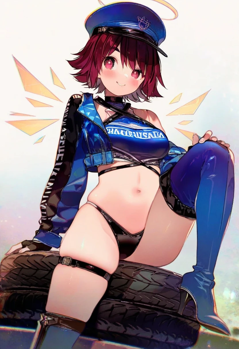 ((miyuki ruria)),[[ayu \(mog\)]],[gomzi],(hisakata souji),[nonco],(onono imoko),(m k),((kawacy)), - 1girl,exusiai \(arknights\),arknights,black gloves,black panties,blue thigh boots,blue hat,blue jacket,long sleeves,race queen,thigh strap,thong,single bare shoulder,skindentation,tire,