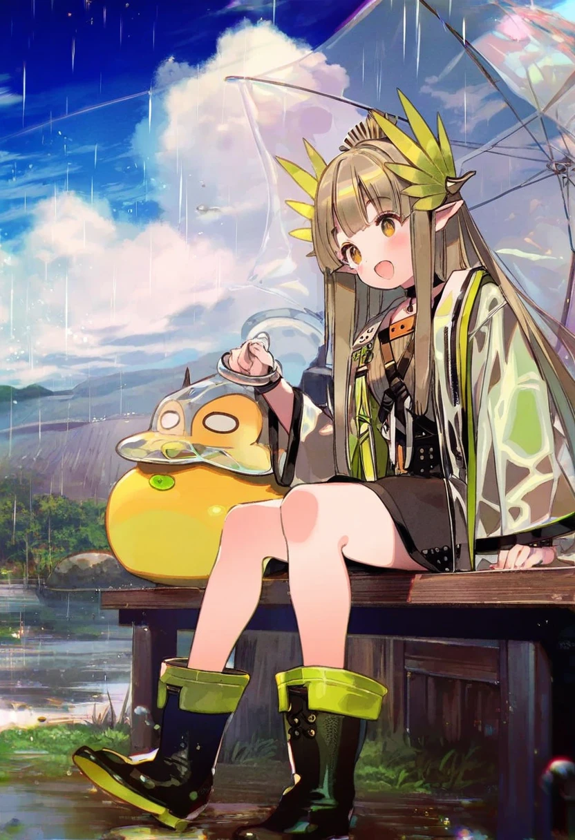 ((miyuki ruria)),[[ayu \(mog\)]],[gomzi],(hisakata souji),[nonco],(onono imoko),(m k),((kawacy)), - 1girl,muelsyse \(arknights\),arknights,cloudy sky,grass,on bench,outdoors,rain,road,yellow rubber boots,see-through coat,sitting,transparent raincoat,water drop,