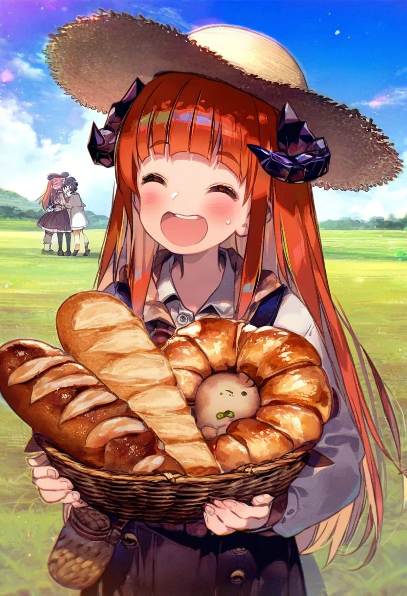 ((miyuki ruria)),[[ayu \(mog\)]],[gomzi],(hisakata souji),[nonco],(onono imoko),(m k),((kawacy)), - 1girl,bagpipe \(arknights\),arknights,baguette,blush,bread,croissant,holding basket,pretzel,upper body,straw hat,field,sky,laughing,sweat,sunlight,