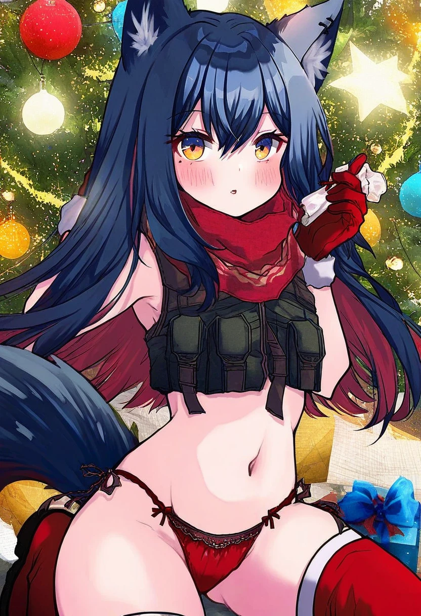 ((rui \(sugar3\))),[criis-chan],[aochoku],(mamimu \(ko cha 22\)),[[kouji \(campus life\)]],shirokitsune,kemachiku,[hagoonha], - 1girl,texas \(arknights\),arknights,underwear,tactical vest,christmas tree,christmas ornaments,