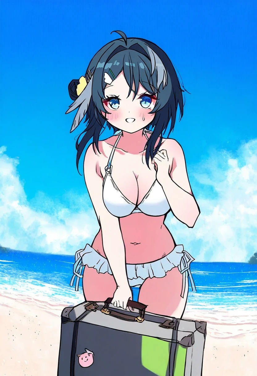 ((rui \(sugar3\))),[criis-chan],[aochoku],(mamimu \(ko cha 22\)),[[kouji \(campus life\)]],shirokitsune,kemachiku,[hagoonha], - 1girl,la pluma \(summer flowers\) \(arknights\),arknights,white bikini,outdoors,navel,day,sky,blue sky,beach,suitcase,looking at viewer,ocean,low-tied long hair,leaning forward,standing,holding,frills,hand up,bare shoulders,floating hair,