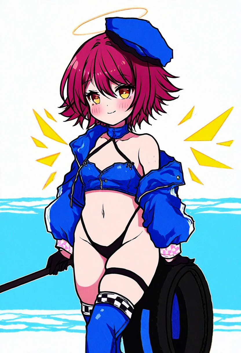 ((rui \(sugar3\))),[criis-chan],[aochoku],(mamimu \(ko cha 22\)),[[kouji \(campus life\)]],shirokitsune,kemachiku,[hagoonha], - 1girl,exusiai \(arknights\),arknights,black gloves,black panties,blue thigh boots,blue hat,blue jacket,long sleeves,race queen,thigh strap,thong,single bare shoulder,skindentation,tire,