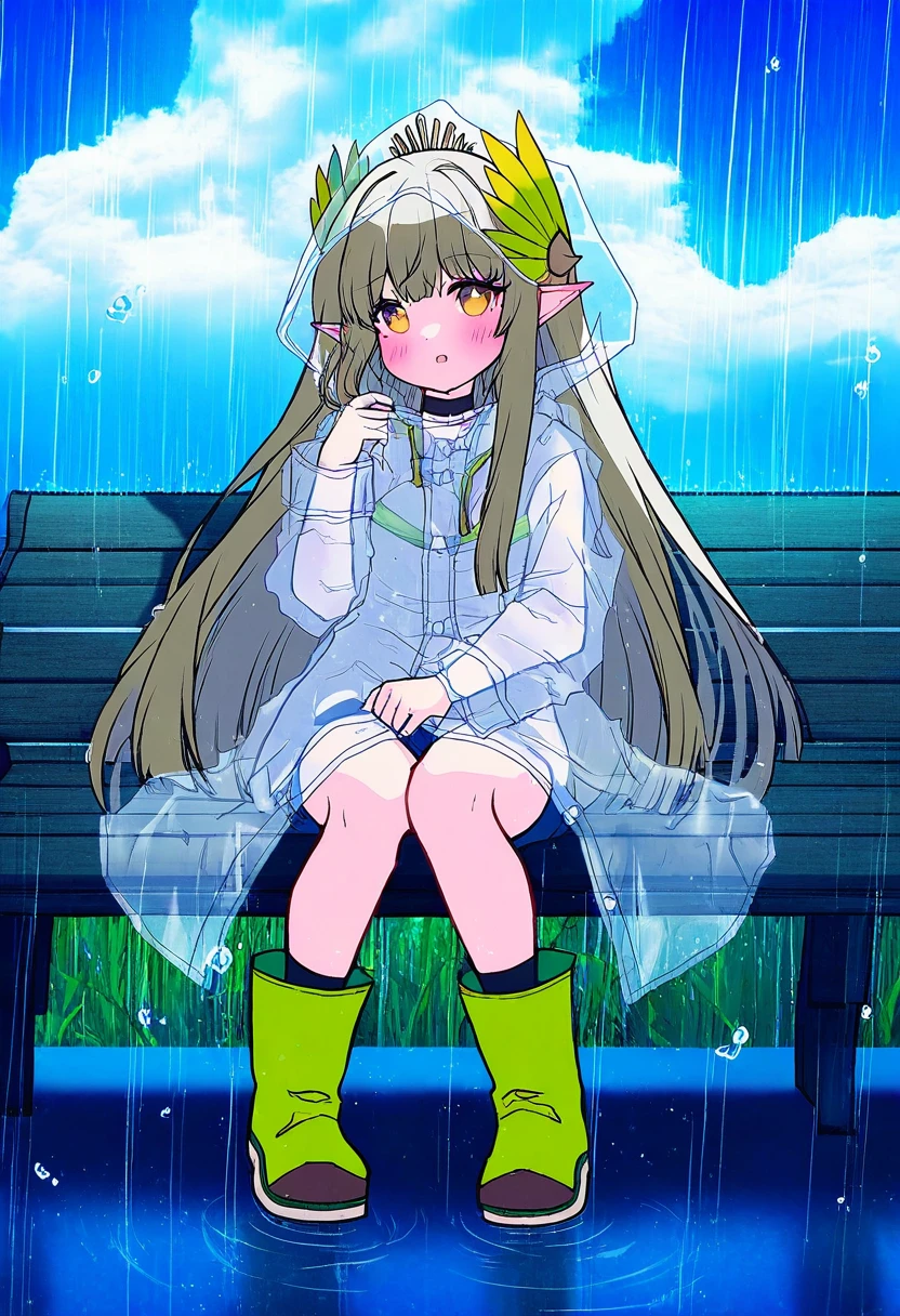 ((rui \(sugar3\))),[criis-chan],[aochoku],(mamimu \(ko cha 22\)),[[kouji \(campus life\)]],shirokitsune,kemachiku,[hagoonha], - 1girl,muelsyse \(arknights\),arknights,cloudy sky,grass,on bench,outdoors,rain,road,yellow rubber boots,see-through coat,sitting,transparent raincoat,water drop,