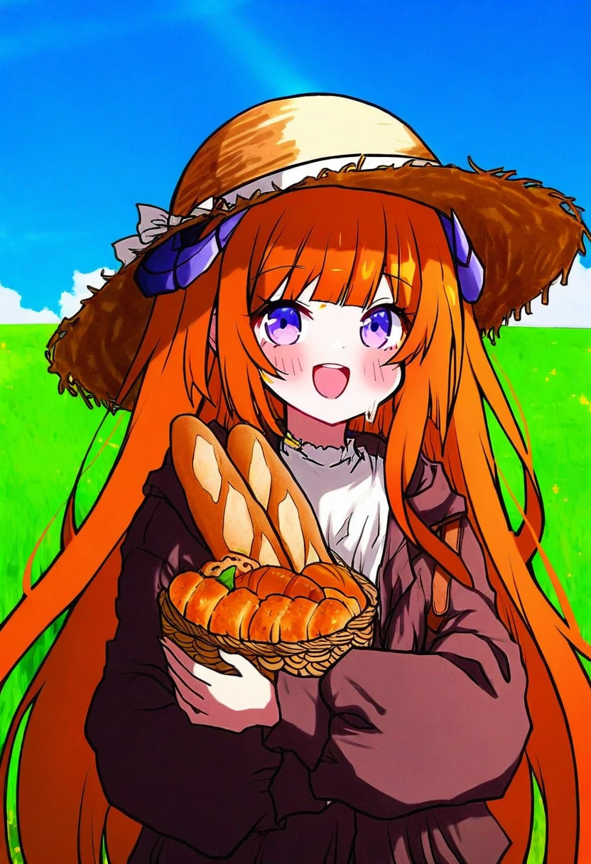 ((rui \(sugar3\))),[criis-chan],[aochoku],(mamimu \(ko cha 22\)),[[kouji \(campus life\)]],shirokitsune,kemachiku,[hagoonha], - 1girl,bagpipe \(arknights\),arknights,baguette,blush,bread,croissant,holding basket,pretzel,upper body,straw hat,field,sky,laughing,sweat,sunlight,