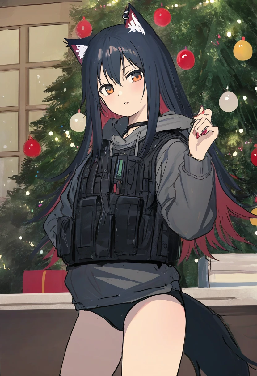  (echj),[[haru \(nakajou-28\)]],((shion \(mirudakemann\) )),[[shanyao jiang tororo]],[murata range],[[luke \(dydansgur\)]],suisogenshi,((namori)), - 1girl,texas \(arknights\),arknights,underwear,tactical vest,christmas tree,christmas ornaments,