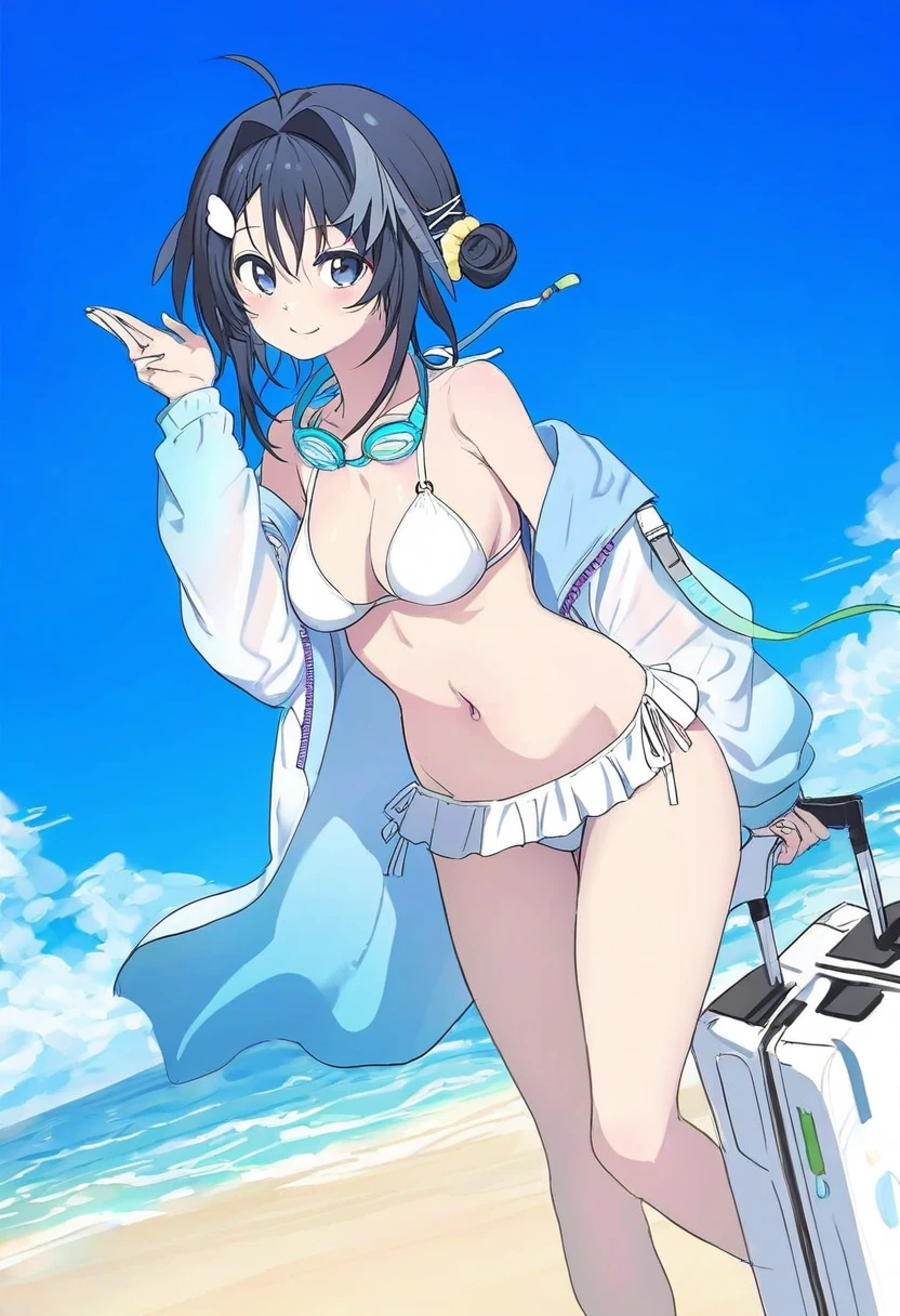  (echj),[[haru \(nakajou-28\)]],((shion \(mirudakemann\) )),[[shanyao jiang tororo]],[murata range],[[luke \(dydansgur\)]],suisogenshi,((namori)), - 1girl,la pluma \(summer flowers\) \(arknights\),arknights,white bikini,outdoors,navel,day,sky,blue sky,beach,suitcase,looking at viewer,ocean,low-tied long hair,leaning forward,standing,holding,frills,hand up,bare shoulders,floating hair,