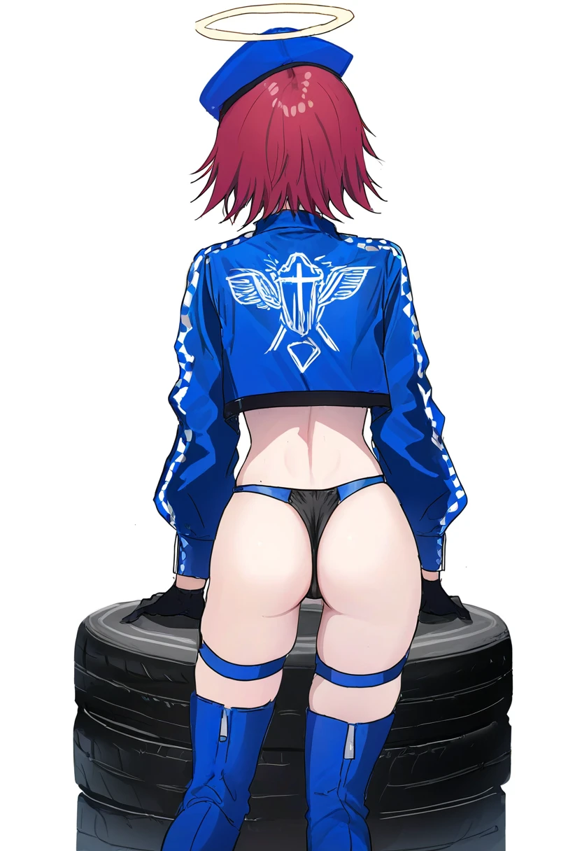  (echj),[[haru \(nakajou-28\)]],((shion \(mirudakemann\) )),[[shanyao jiang tororo]],[murata range],[[luke \(dydansgur\)]],suisogenshi,((namori)), - 1girl,exusiai \(arknights\),arknights,black gloves,black panties,blue thigh boots,blue hat,blue jacket,long sleeves,race queen,thigh strap,thong,single bare shoulder,skindentation,tire,