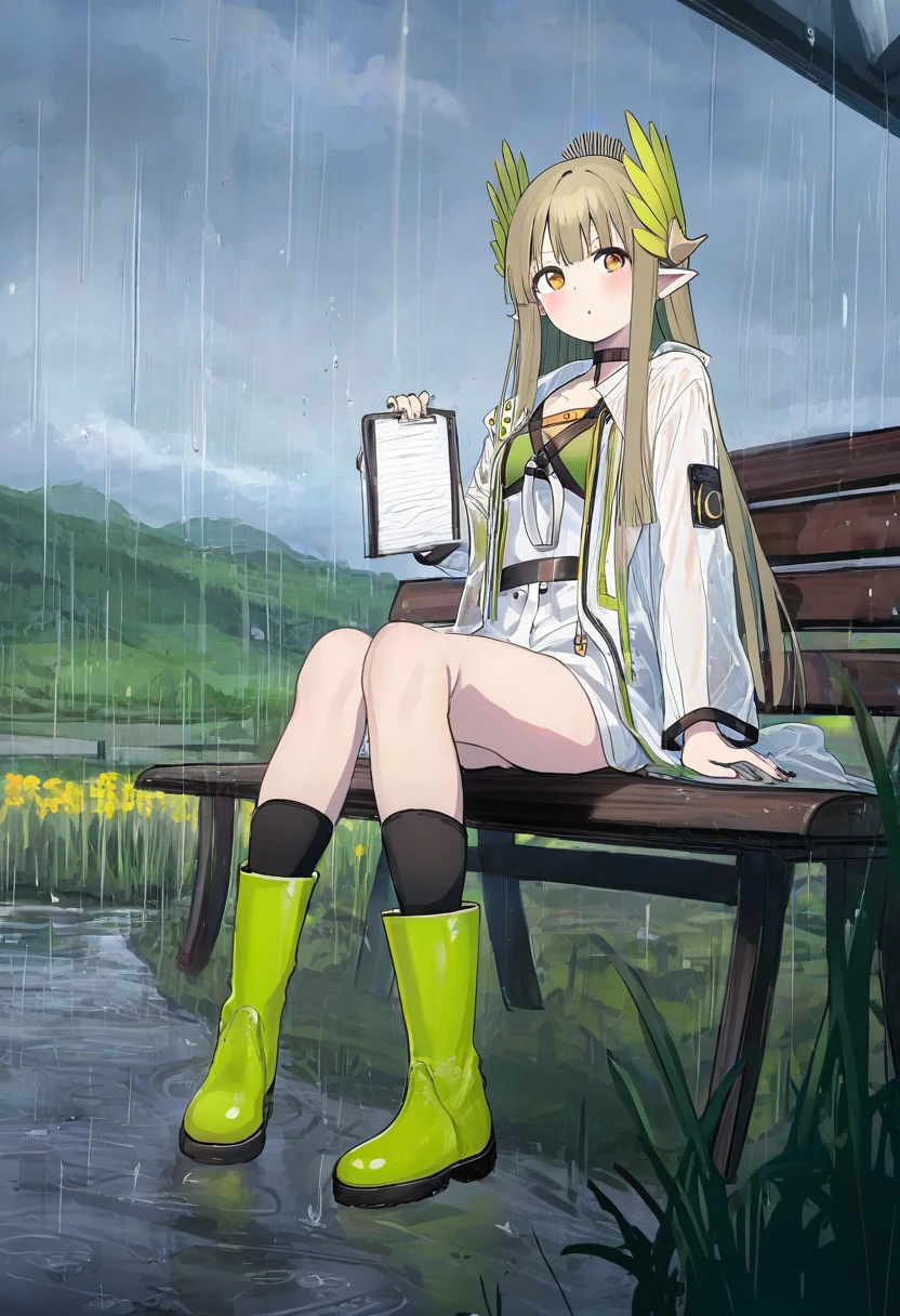  (echj),[[haru \(nakajou-28\)]],((shion \(mirudakemann\) )),[[shanyao jiang tororo]],[murata range],[[luke \(dydansgur\)]],suisogenshi,((namori)), - 1girl,muelsyse \(arknights\),arknights,cloudy sky,grass,on bench,outdoors,rain,road,yellow rubber boots,see-through coat,sitting,transparent raincoat,water drop,