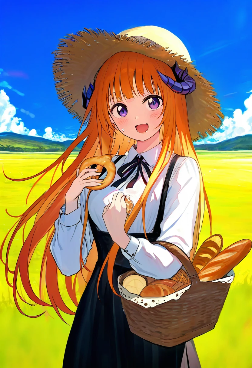  (echj),[[haru \(nakajou-28\)]],((shion \(mirudakemann\) )),[[shanyao jiang tororo]],[murata range],[[luke \(dydansgur\)]],suisogenshi,((namori)), - 1girl,bagpipe \(arknights\),arknights,baguette,blush,bread,croissant,holding basket,pretzel,upper body,straw hat,field,sky,laughing,sweat,sunlight,