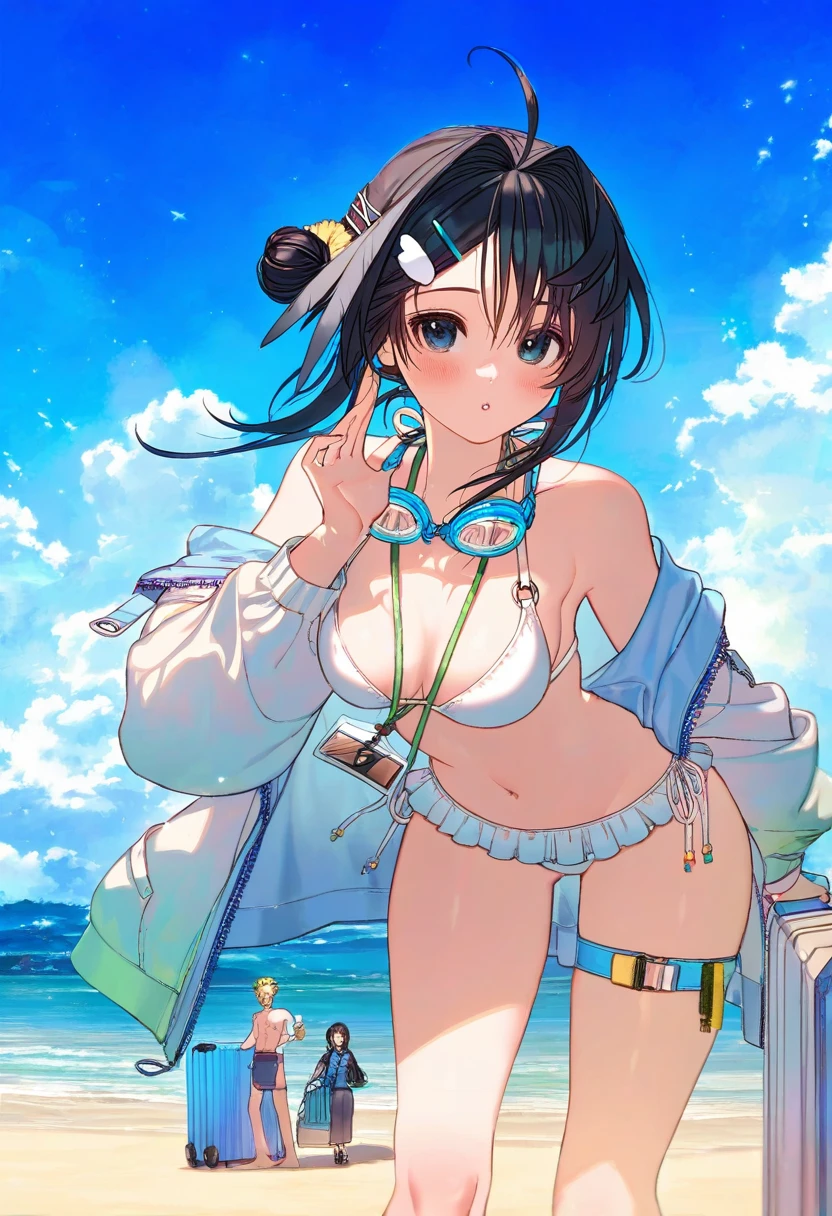 (fagi \(kakikaki\),shimatani azu,minaba hideo),[yoshida akihiko],((ciloranko)),[[[pigeon666]]],kawacy,((maeka \(kumaekake\))),nardack, - 1girl,la pluma \(summer flowers\) \(arknights\),arknights,white bikini,outdoors,navel,day,sky,blue sky,beach,suitcase,looking at viewer,ocean,low-tied long hair,leaning forward,standing,holding,frills,hand up,bare shoulders,floating hair,