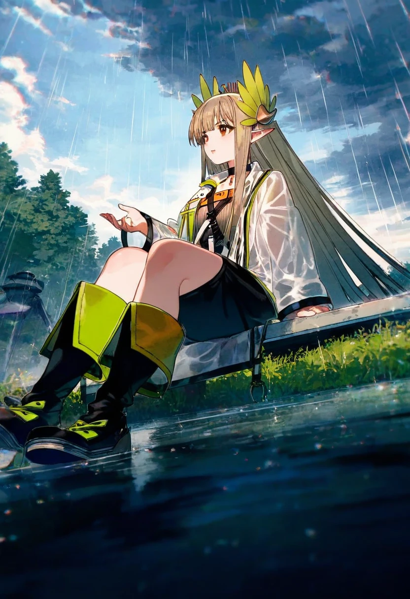 (fagi \(kakikaki\),shimatani azu,minaba hideo),[yoshida akihiko],((ciloranko)),[[[pigeon666]]],kawacy,((maeka \(kumaekake\))),nardack, - 1girl,muelsyse \(arknights\),arknights,cloudy sky,grass,on bench,outdoors,rain,road,yellow rubber boots,see-through coat,sitting,transparent raincoat,water drop,