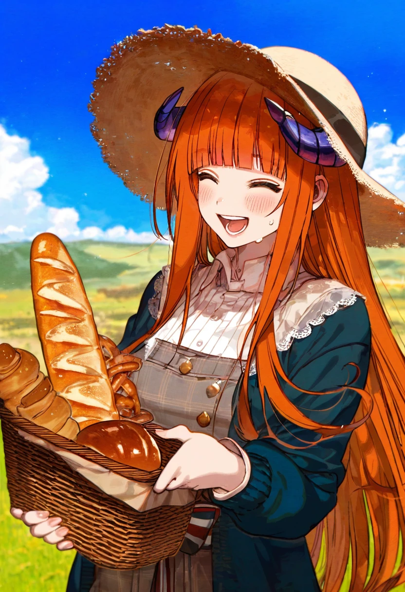 (fagi \(kakikaki\),shimatani azu,minaba hideo),[yoshida akihiko],((ciloranko)),[[[pigeon666]]],kawacy,((maeka \(kumaekake\))),nardack, - 1girl,bagpipe \(arknights\),arknights,baguette,blush,bread,croissant,holding basket,pretzel,upper body,straw hat,field,sky,laughing,sweat,sunlight,