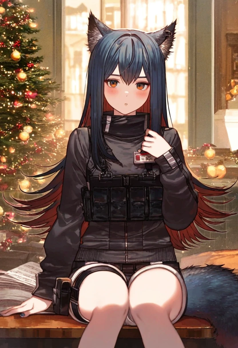 (fagi \(kakikaki\),shimatani azu,minaba hideo),[yoshida akihiko],[dadijiji\) ],[[[pigeon666]]],kawacy,((maeka \(kumaekake\))),nardack, - 1girl,texas \(arknights\),arknights,underwear,tactical vest,christmas tree,christmas ornaments,
