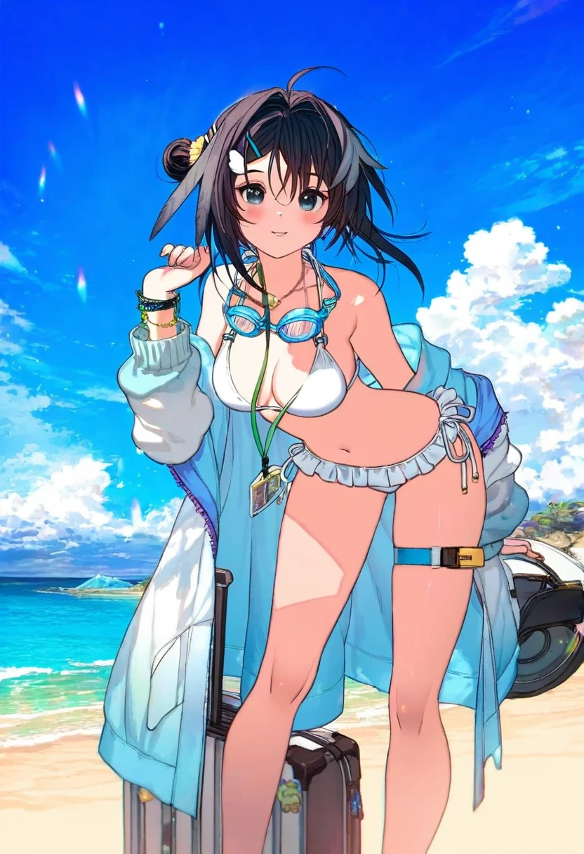 (fagi \(kakikaki\),shimatani azu,minaba hideo),[yoshida akihiko],[dadijiji\) ],[[[pigeon666]]],kawacy,((maeka \(kumaekake\))),nardack, - 1girl,la pluma \(summer flowers\) \(arknights\),arknights,white bikini,outdoors,navel,day,sky,blue sky,beach,suitcase,looking at viewer,ocean,low-tied long hair,leaning forward,standing,holding,frills,hand up,bare shoulders,floating hair,