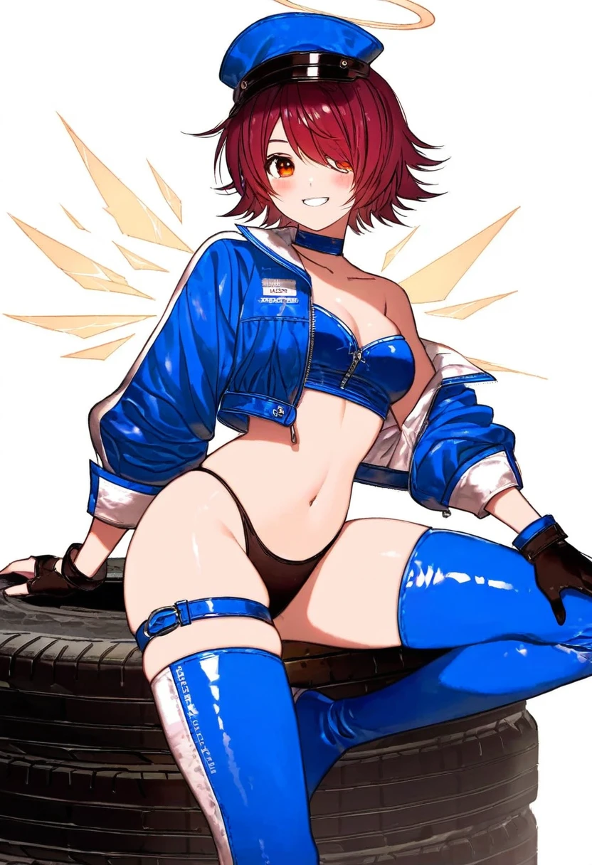 (fagi \(kakikaki\),shimatani azu,minaba hideo),[yoshida akihiko],[dadijiji\) ],[[[pigeon666]]],kawacy,((maeka \(kumaekake\))),nardack, - 1girl,exusiai \(arknights\),arknights,black gloves,black panties,blue thigh boots,blue hat,blue jacket,long sleeves,race queen,thigh strap,thong,single bare shoulder,skindentation,tire,