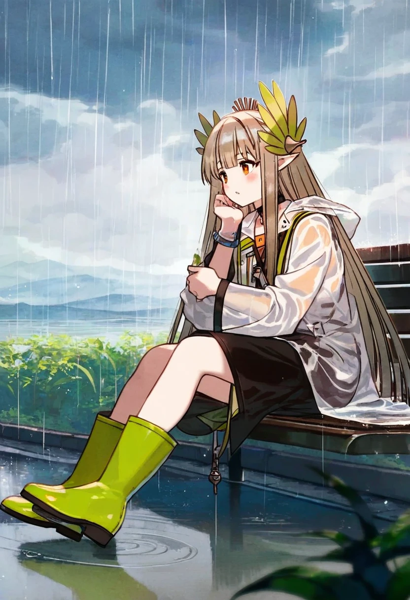 (fagi \(kakikaki\),shimatani azu,minaba hideo),[yoshida akihiko],[dadijiji\) ],[[[pigeon666]]],kawacy,((maeka \(kumaekake\))),nardack, - 1girl,muelsyse \(arknights\),arknights,cloudy sky,grass,on bench,outdoors,rain,road,yellow rubber boots,see-through coat,sitting,transparent raincoat,water drop,