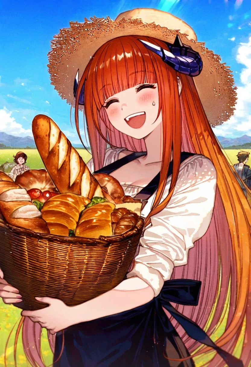 (fagi \(kakikaki\),shimatani azu,minaba hideo),[yoshida akihiko],[dadijiji\) ],[[[pigeon666]]],kawacy,((maeka \(kumaekake\))),nardack, - 1girl,bagpipe \(arknights\),arknights,baguette,blush,bread,croissant,holding basket,pretzel,upper body,straw hat,field,sky,laughing,sweat,sunlight,