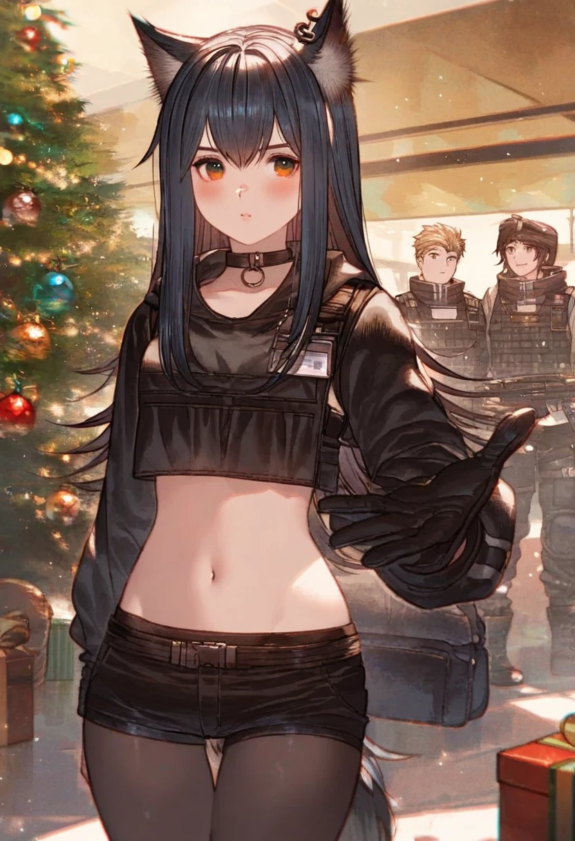 (fagi \(kakikaki\),shimatani azu,minaba hideo),[yoshida akihiko],((yamakawa),,kawacy,((maeka \(kumaekake\))),nardack, - 1girl,texas \(arknights\),arknights,underwear,tactical vest,christmas tree,christmas ornaments,