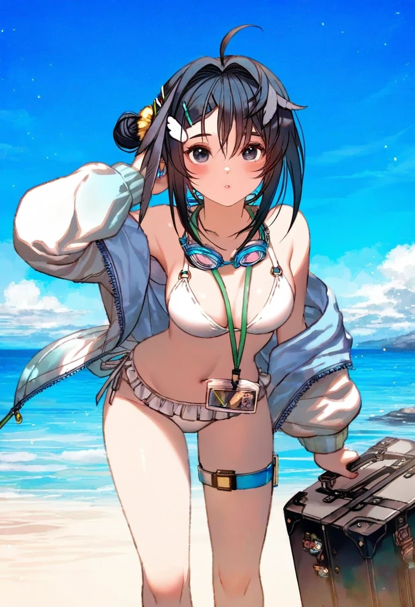 (fagi \(kakikaki\),shimatani azu,minaba hideo),[yoshida akihiko],((yamakawa),,kawacy,((maeka \(kumaekake\))),nardack, - 1girl,la pluma \(summer flowers\) \(arknights\),arknights,white bikini,outdoors,navel,day,sky,blue sky,beach,suitcase,looking at viewer,ocean,low-tied long hair,leaning forward,standing,holding,frills,hand up,bare shoulders,floating hair,