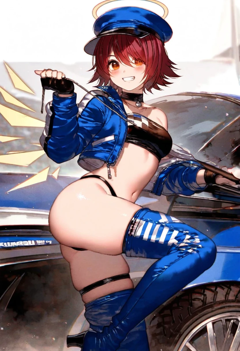 (fagi \(kakikaki\),shimatani azu,minaba hideo),[yoshida akihiko],((yamakawa),,kawacy,((maeka \(kumaekake\))),nardack, - 1girl,exusiai \(arknights\),arknights,black gloves,black panties,blue thigh boots,blue hat,blue jacket,long sleeves,race queen,thigh strap,thong,single bare shoulder,skindentation,tire,