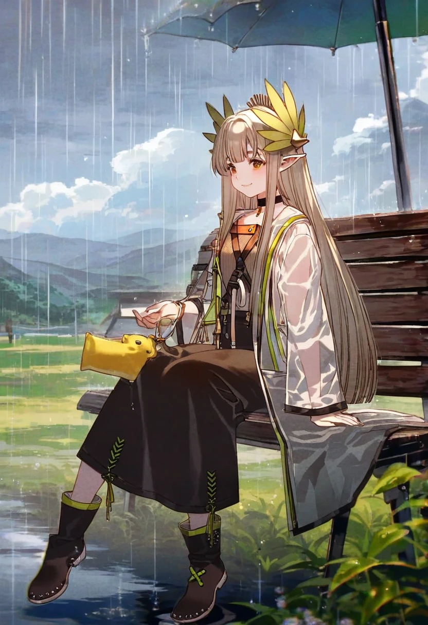 (fagi \(kakikaki\),shimatani azu,minaba hideo),[yoshida akihiko],((yamakawa),,kawacy,((maeka \(kumaekake\))),nardack, - 1girl,muelsyse \(arknights\),arknights,cloudy sky,grass,on bench,outdoors,rain,road,yellow rubber boots,see-through coat,sitting,transparent raincoat,water drop,